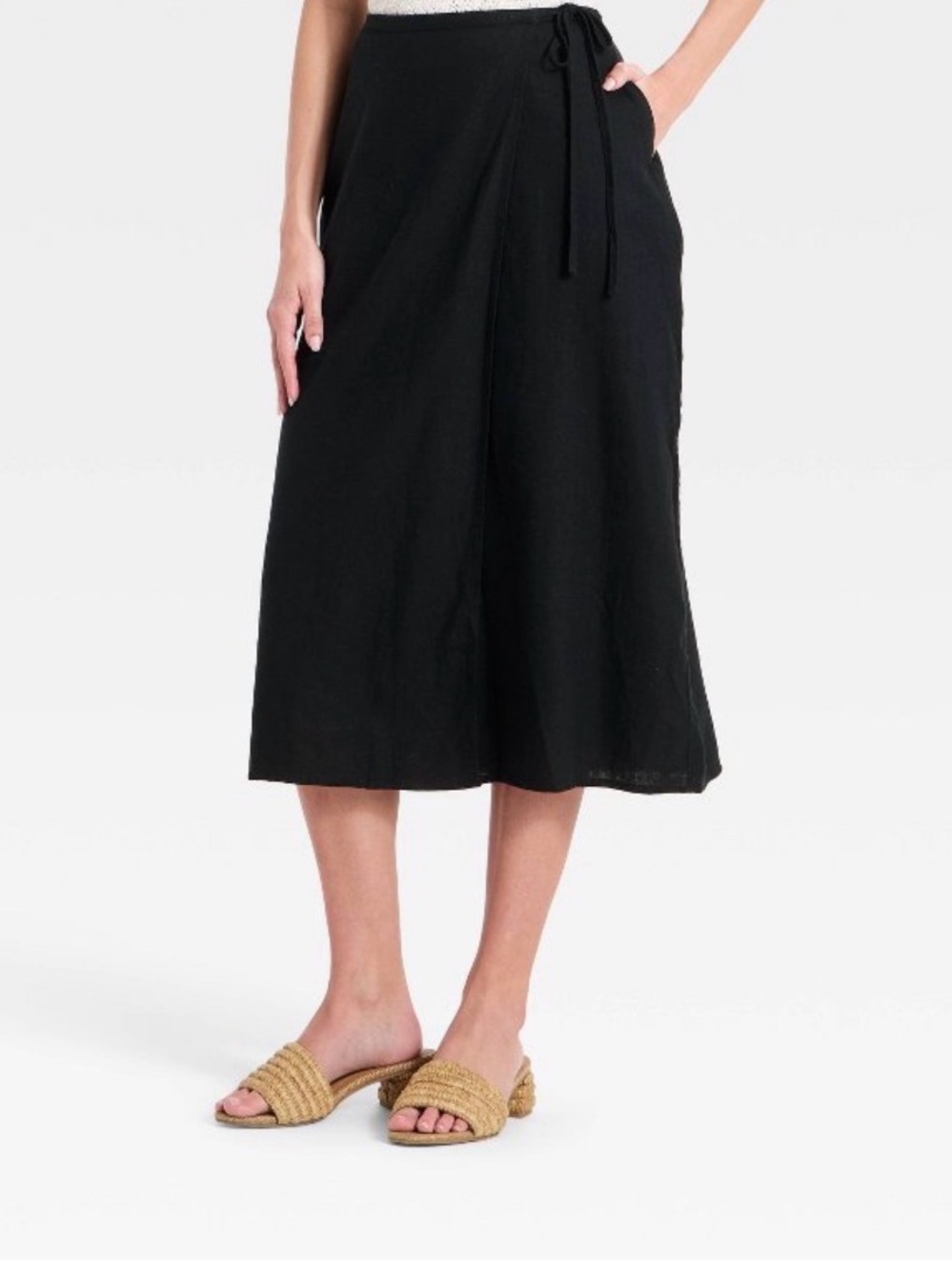NWT Linen/Rayon Blend Black Midi Wrap Skirt w/ Tie Waist- Target- A New Day